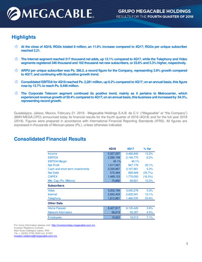 Thumbnail Megacable Holdings Quarterly Report 2018-q4