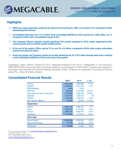 Thumbnail Megacable Holdings Quarterly Report 2019-q3