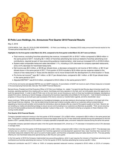 Thumbnail El Pollo Loco
 Quarterly Report 2018-q1
