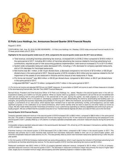 Thumbnail El Pollo Loco
 Quarterly Report 2018-q2