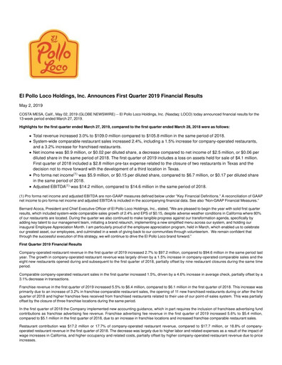 Thumbnail El Pollo Loco
 Quarterly Report 2019-q1