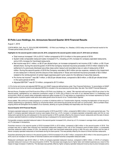 Thumbnail El Pollo Loco
 Quarterly Report 2019-q2