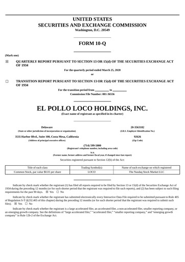 Thumbnail El Pollo Loco
 Quarterly Report 2020-q1