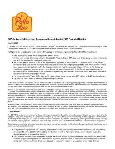 Thumbnail El Pollo Loco
 Quarterly Report 2020-q2