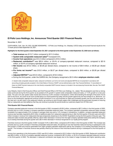 Thumbnail El Pollo Loco
 Quarterly Report 2021-q3