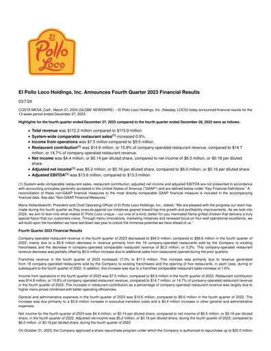 Thumbnail El Pollo Loco
 Quarterly Report 2023-q4