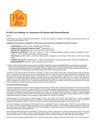 Thumbnail El Pollo Loco
 Quarterly Report 2024-q1