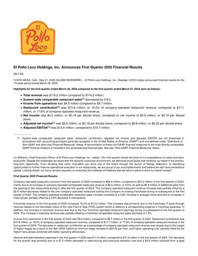 Thumbnail El Pollo Loco
 Quarterly Report 2025-q1