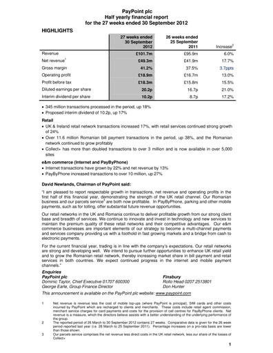 Thumbnail PayPoint Half-year Report 2012-h1