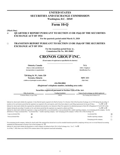 Thumbnail Cronos Group
 Quarterly Report 2020-q1