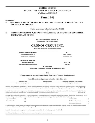 Thumbnail Cronos Group
 Quarterly Report 2021-q3