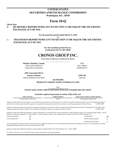 Miniature Cronos Group
 Rapport trimestriel 2026-q1