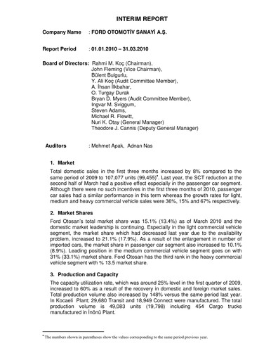 Thumbnail Ford Otosan
 Quarterly Report 2010-q1
