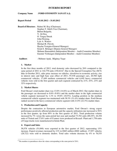 Thumbnail Ford Otosan
 Quarterly Report 2012-q1