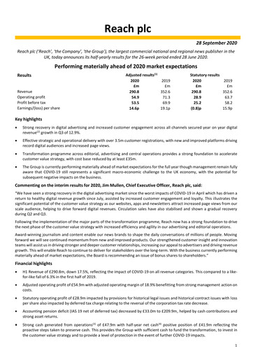 Thumbnail Reach plc Half-year Report 2020-h1
