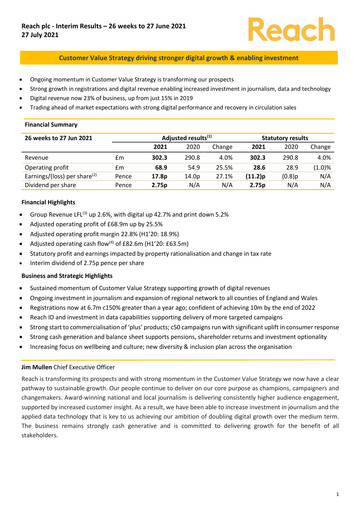 Thumbnail Reach plc Half-year Report 2021-h1