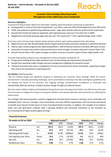 Thumbnail Reach plc Half-year Report 2022-h1