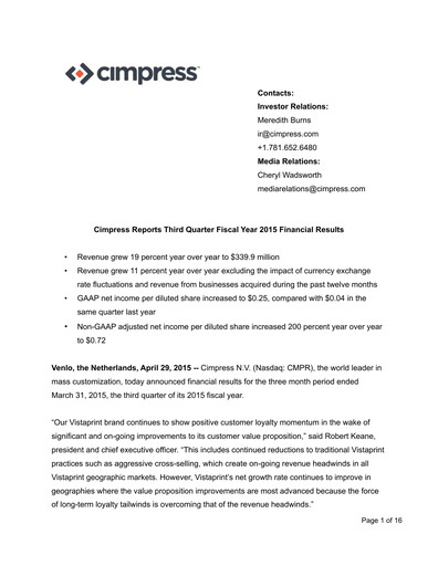 Thumbnail Cimpress Quarterly Report fy2015-q3