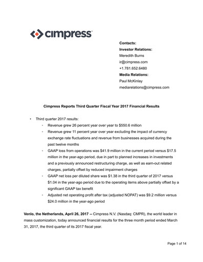 Thumbnail Cimpress Quarterly Report fy2017-q3