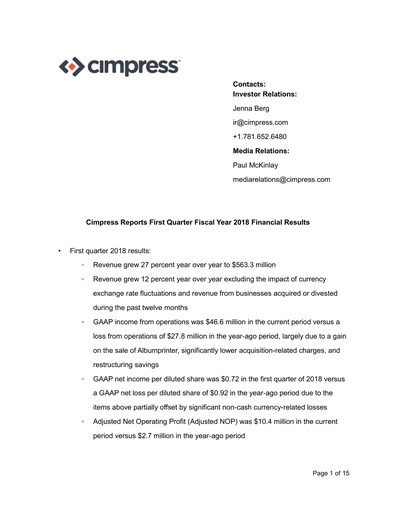 Thumbnail Cimpress Quarterly Report fy2018-q1