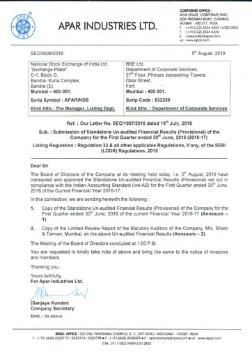 Thumbnail Apar Industries Quarterly Report 2016-q1