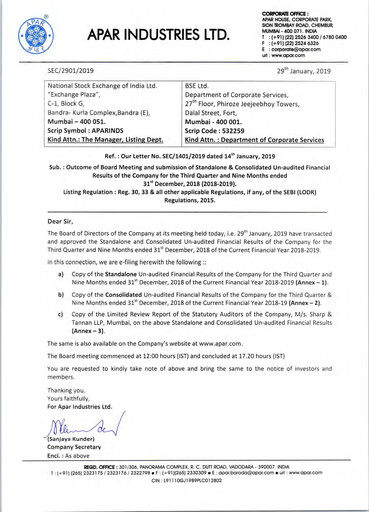 Thumbnail Apar Industries Quarterly Report 2018-q3