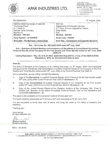 Thumbnail Apar Industries Quarterly Report 2020-q1