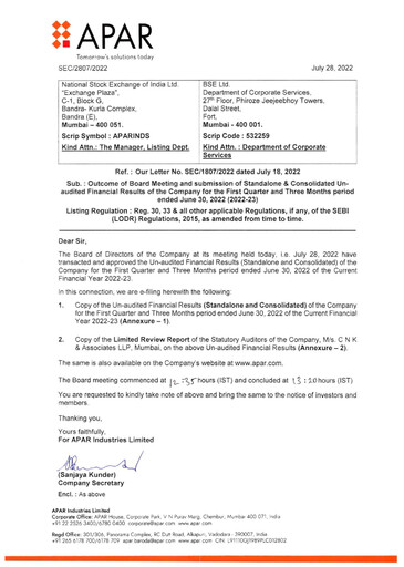 Thumbnail Apar Industries Quarterly Report 2022-q1