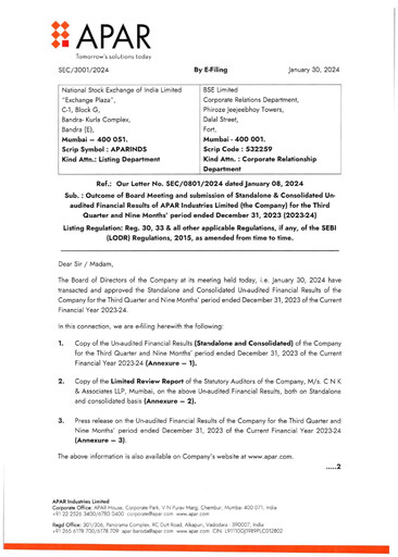 Thumbnail Apar Industries Quarterly Report 2023-q3