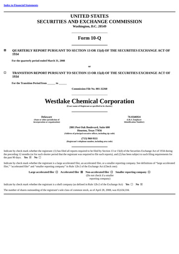 Thumbnail Westlake Corporation
 Quarterly Report 2008-q1