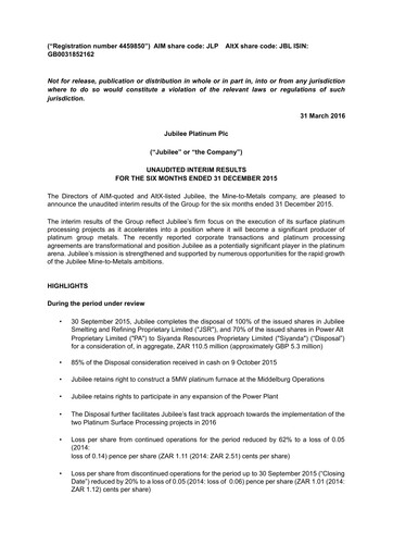 Vorschaubild Jubilee Metals Group Halbjahresbericht fy2016-h1