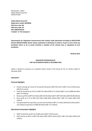 Vorschaubild Jubilee Metals Group Halbjahresbericht fy2019-h1