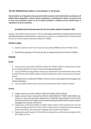 Vorschaubild Jubilee Metals Group Halbjahresbericht fy2025-h1