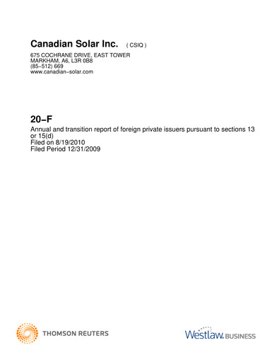 Miniature Canadian Solar
 Rapport annuel 2009