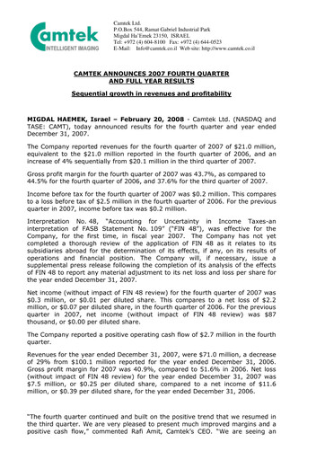 Thumbnail Camtek Quarterly Report 2007-q4