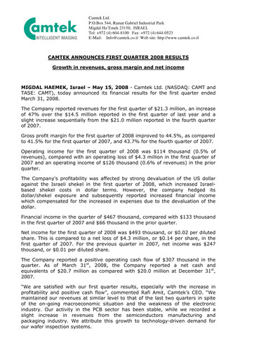 Thumbnail Camtek Quarterly Report 2008-q1