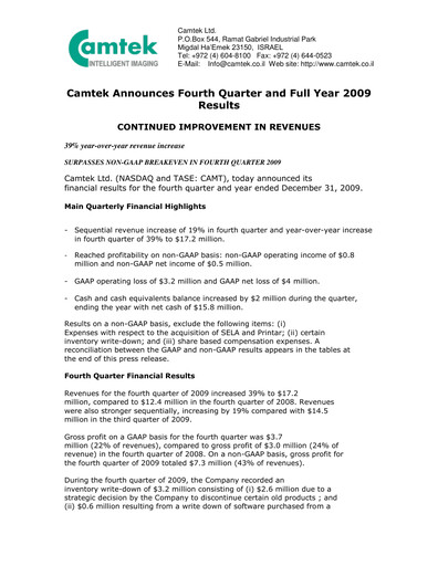Thumbnail Camtek Quarterly Report 2009-q4