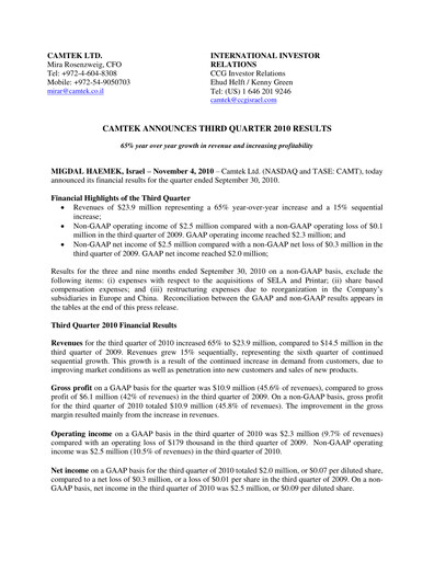 Thumbnail Camtek Quarterly Report 2010-q3