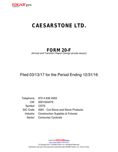 Thumbnail Caesarstone
 Annual Report 2016