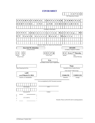 Vorschaubild International Container Terminal Services Quartalsbericht 2014-q1