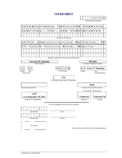 Thumbnail International Container Terminal Services Quarterly Report 2014-q3