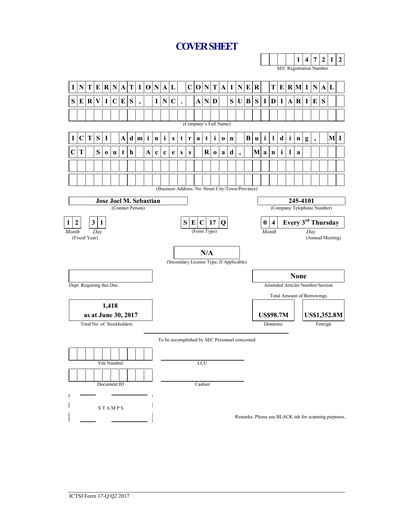 Vorschaubild International Container Terminal Services Quartalsbericht 2017-q2