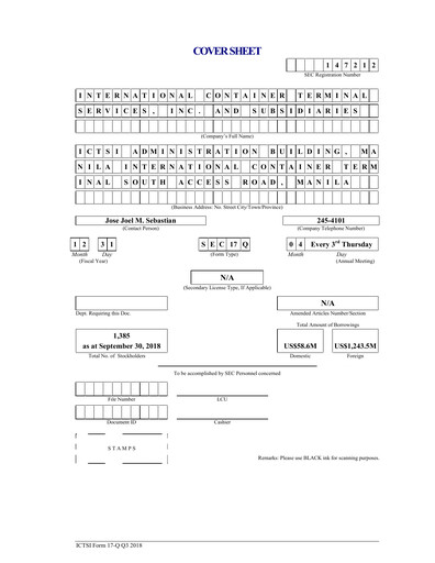 Vorschaubild International Container Terminal Services Quartalsbericht 2018-q3
