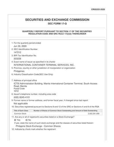 Vorschaubild International Container Terminal Services Quartalsbericht 2020-q2