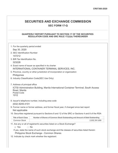 Vorschaubild International Container Terminal Services Quartalsbericht 2020-q3