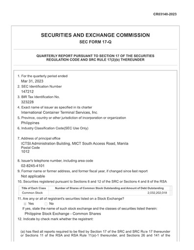 Vorschaubild International Container Terminal Services Quartalsbericht 2023-q1