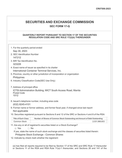 Thumbnail International Container Terminal Services Quarterly Report 2023-q3