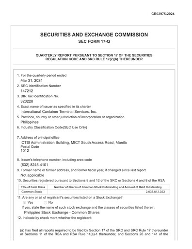 Thumbnail International Container Terminal Services Quarterly Report 2024-q1