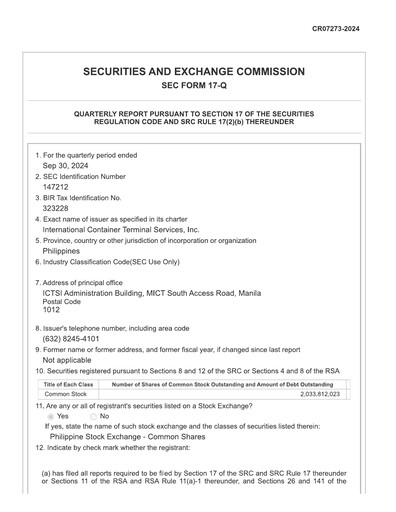 Thumbnail International Container Terminal Services Quarterly Report 2024-q3