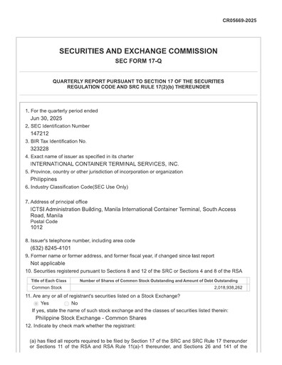 Thumbnail International Container Terminal Services Quarterly Report 2025-q2